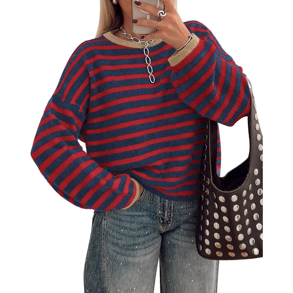 image:imageBTFBM Womens Lightweight Oversized Striped Sweater Soft Knit Cozy Sweaters Crew Neck Long Sleeve Pullover y2k Color Block Casual Holiday Outfits Winter Fall Clothes 2026Navy Red