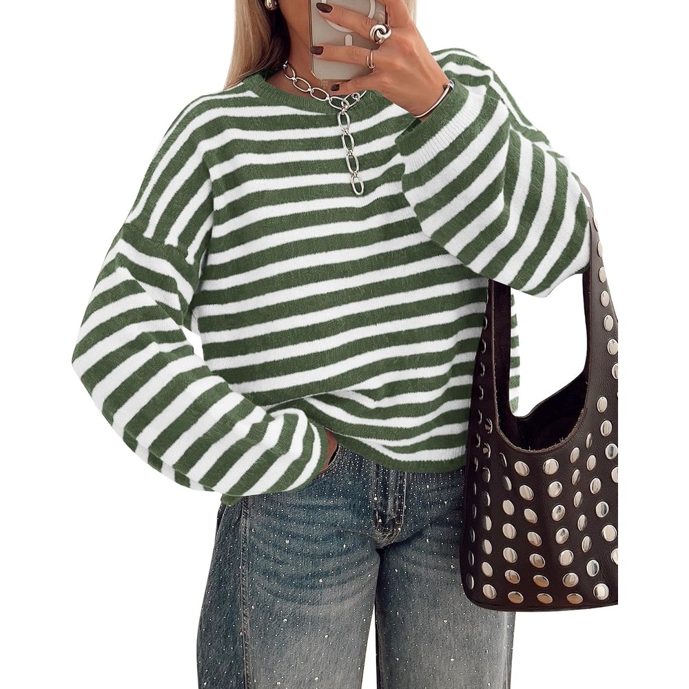image:imageBTFBM Womens Lightweight Oversized Striped Sweater Soft Knit Cozy Sweaters Crew Neck Long Sleeve Pullover y2k Color Block Casual Holiday Outfits Winter Fall Clothes 2026Green White