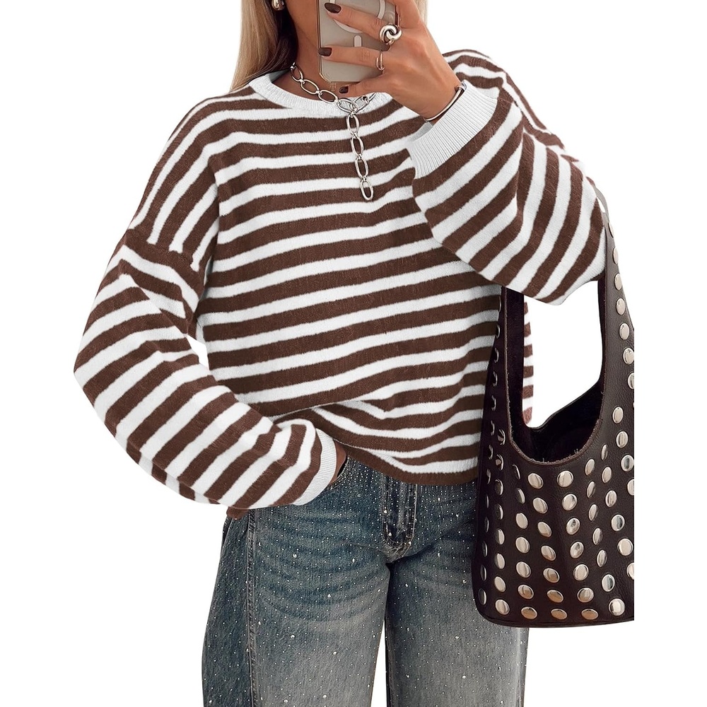 image:imageBTFBM Womens Lightweight Oversized Striped Sweater Soft Knit Cozy Sweaters Crew Neck Long Sleeve Pullover y2k Color Block Casual Holiday Outfits Winter Fall Clothes 2026Brown White