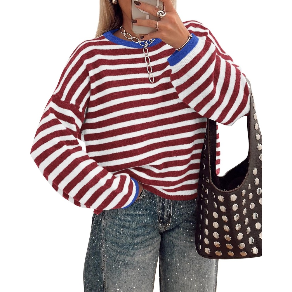 image:imageBTFBM Womens Lightweight Oversized Striped Sweater Soft Knit Cozy Sweaters Crew Neck Long Sleeve Pullover y2k Color Block Casual Holiday Outfits Winter Fall Clothes 2026Burgundy White