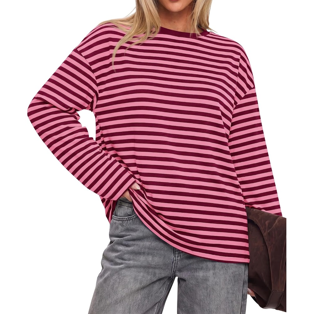 image:imageBTFBM Womens Long Sleeve Tops 2026 Fall Fashion  Lightweight Crew Neck Oversized Striped Shirt Women Y2k Clothes Vacation Travel Outfits Going Out Top Winter LayeringPink Burgundy
