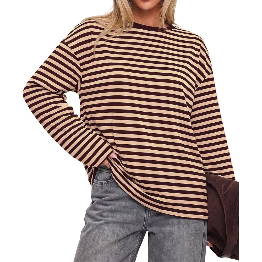 image:imageBTFBM Womens Long Sleeve Tops 2026 Fall Fashion Lightweight Crew Neck Oversized Striped Shirt Women Y2k Clothes Vacation Travel Outfits Going Out Top Winter LayeringBrown Apricot