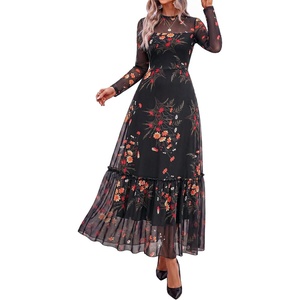 BTFBM Boho Mesh Long Sleeve Dress for Women | Mock Neck, Floral, A Line, Tiered, Baby Shower, Graduation, Wedding, Cocktail Maxi Dresses, 2026 Fall Fashion, Resort Wear(Floral Black Yellow)