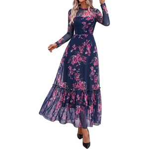 BTFBM Boho Mesh Long Sleeve Dress for Women | Mock Neck, Floral, A Line, Tiered, Baby Shower, Graduation, Wedding, Cocktail Maxi Dresses, 2026 Fall Fashion, Resort Wear(Floral Navy Pink)