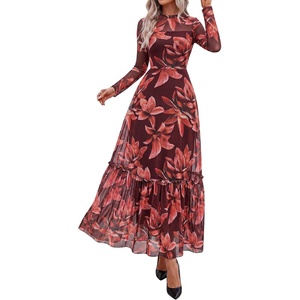 BTFBM Boho Mesh Long Sleeve Dress for Women | Mock Neck, Floral, A Line, Tiered, Baby Shower, Graduation, Wedding, Cocktail Maxi Dresses, 2026 Fall Fashion, Resort Wear(Floral Red Brown)