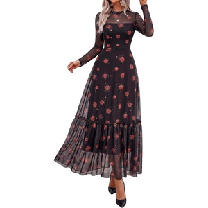 BTFBM Boho Mesh Long Sleeve Dress for Women | Mock Neck, Floral, A Line, Tiered, Baby Shower, Graduation, Wedding, Cocktail Maxi Dresses, 2026 Fall Fashion, Resort Wear(Floral Black Orange)