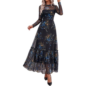 BTFBM Boho Mesh Long Sleeve Dress for Women | Mock Neck, Floral, A Line, Tiered, Baby Shower, Graduation, Wedding, Cocktail Maxi Dresses, 2026 Fall Fashion, Resort Wear(Floral Black Blue)