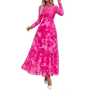 BTFBM Boho Mesh Long Sleeve Dress for Women | Mock Neck, Floral, A Line, Tiered, Baby Shower, Graduation, Wedding, Cocktail Maxi Dresses, 2026 Fall Fashion, Resort Wear(Floral Pink)