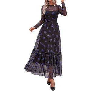 BTFBM Boho Mesh Long Sleeve Dress for Women | Mock Neck, Floral, A Line, Tiered, Baby Shower, Graduation, Wedding, Cocktail Maxi Dresses, 2026 Fall Fashion, Resort Wear(Floral Black Royal Blue)
