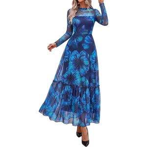BTFBM Boho Mesh Long Sleeve Dress for Women | Mock Neck, Floral, A Line, Tiered, Baby Shower, Graduation, Wedding, Cocktail Maxi Dresses, 2026 Fall Fashion, Resort Wear(Floral Navy Green)