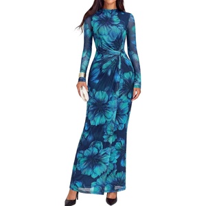 BTFBM Cocktail Dresses for Women Fall Fashion 2026 | Mock Neck, Floral, Sheer Mesh, Long Sleeve, Ruched, Twist Knot, Slit, Graduation,Baby Shower, Maxi Formal Wedding Guest Dress(Floral Blue Green)