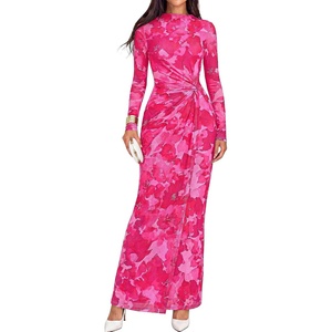 BTFBM Cocktail Dresses for Women Fall Fashion 2026 | Mock Neck, Floral, Sheer Mesh, Long Sleeve, Ruched, Twist Knot, Slit, Graduation,Baby Shower, Maxi Formal Wedding Guest Dress(Floral Rose Red)