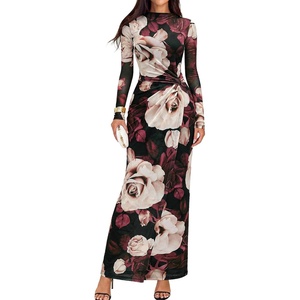 BTFBM Cocktail Dresses for Women Fall Fashion 2026 | Mock Neck, Floral, Sheer Mesh, Long Sleeve, Ruched, Twist Knot, Slit, Graduation,Baby Shower, Maxi Formal Wedding Guest Dress(Floral Black Apricot)