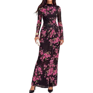 BTFBM Cocktail Dresses for Women Fall Fashion 2026 | Mock Neck, Floral, Sheer Mesh, Long Sleeve, Ruched, Twist Knot, Slit, Graduation,Baby Shower, Maxi Formal Wedding Guest Dress(Floral Black Pink)