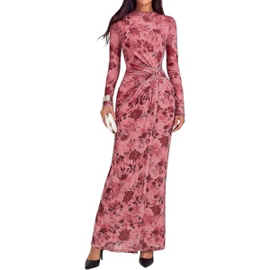 BTFBM Cocktail Dresses for Women Fall Fashion 2026 | Mock Neck, Floral, Sheer Mesh, Long Sleeve, Ruched, Twist Knot, Slit, Graduation,Baby Shower, Maxi Formal Wedding Guest Dress(Floral Pink Red)