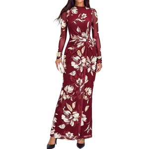 BTFBM Cocktail Dresses for Women Fall Fashion 2026 | Mock Neck, Floral, Sheer Mesh, Long Sleeve, Ruched, Twist Knot, Slit, Graduation,Baby Shower, Maxi Formal Wedding Guest Dress(Floral Burgundy White)