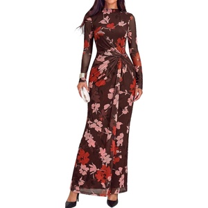 BTFBM Cocktail Dresses for Women Fall Fashion 2026 | Mock Neck, Floral, Sheer Mesh, Long Sleeve, Ruched, Twist Knot, Slit, Graduation,Baby Shower, Maxi Formal Wedding Guest Dress(Floral Brown)