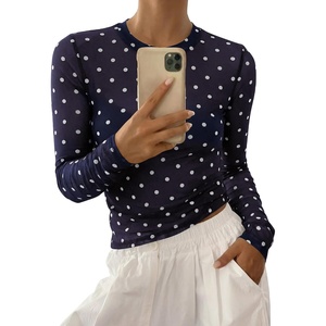 BTFBM Polka Dot Top Long Sleeve Shirts for Women | Sexy Crew Neck Sheer Mesh See Through Slim Fit Tight Shirt,Party,Cocktail,Night Out,Going Out Outfits,Fall Winter 2026(Polka Dot Navy Blue White)