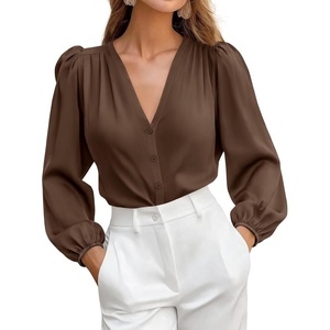 BTFBM Satin Blouses for Women Dressy Casual Button Down Shirts | Lightweight Silk Formal Tops, V Neck Lantern Long Sleeve Shirt, Office Work Business Casual Outfits, Fall Clothes 2026 Trendy(Brown)