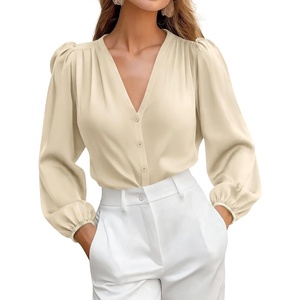 BTFBM Satin Blouses for Women Dressy Casual Button Down Shirts | Lightweight Silk Formal Tops, V Neck Lantern Long Sleeve Shirt, Office Work Business Casual Outfits, Fall Clothes 2026 Trendy(Beige)