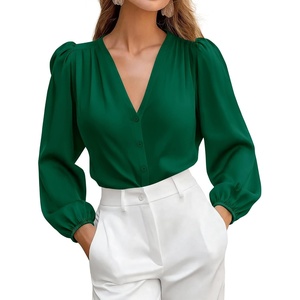 BTFBM Satin Blouses for Women Dressy Casual Button Down Shirts | Lightweight Silk Formal Tops, V Neck Lantern Long Sleeve Shirt, Office Work Business Casual Outfits, Fall Clothes 2026 Trendy(Green)