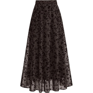 BTFBM Womens Floral Mesh Maxi Skirts Long Tulle Skirt | Flowy A Line High Waist Skirts,Velvet-Like Flowers,Flocked Mesh,Double-Layered Skirt,Going Out Outfits,Early Fall Fashion(Brown)