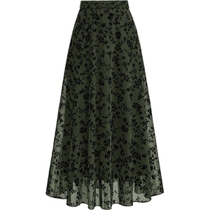 BTFBM Womens Floral Mesh Maxi Skirts Long Tulle Skirt | Flowy A Line High Waist Skirts,Velvet-Like Flowers,Flocked Mesh,Double-Layered Skirt,Going Out Outfits,Early Fall Fashion(Army Green)