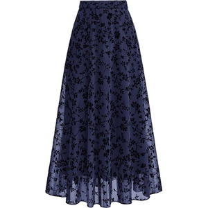 BTFBM Womens Floral Mesh Maxi Skirts Long Tulle Skirt | Flowy A Line High Waist Skirts,Velvet-Like Flowers,Flocked Mesh,Double-Layered Skirt,Going Out Outfits,Early Fall Fashion(Navy Blue)