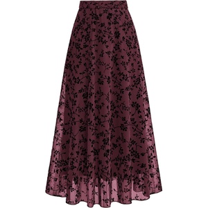 BTFBM Womens Floral Mesh Maxi Skirts Long Tulle Skirt | Flowy A Line High Waist Skirts,Velvet-Like Flowers,Flocked Mesh,Double-Layered Skirt,Going Out Outfits,Early Fall Fashion(Burgundy)