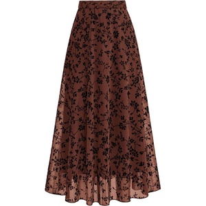 BTFBM Womens Floral Mesh Maxi Skirts Long Tulle Skirt | Flowy A Line High Waist Skirts,Velvet-Like Flowers,Flocked Mesh,Double-Layered Skirt,Going Out Outfits,Early Fall Fashion(Rust)