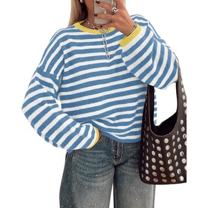 BTFBM Women’s Lightweight Oversized Striped Sweater | Soft Knit Cozy Sweaters, Crew Neck Long Sleeve Pullover, y2k Color Block, Casual Holiday Outfits, Winter Fall Clothes 2026(Blue White)