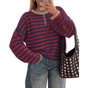 BTFBM Women’s Lightweight Oversized Striped Sweater | Soft Knit Cozy Sweaters, Crew Neck Long Sleeve Pullover, y2k Color Block, Casual Holiday Outfits, Winter Fall Clothes 2026(Navy Red)