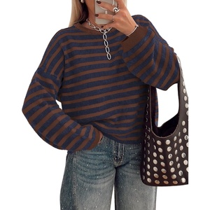 BTFBM Women’s Lightweight Oversized Striped Sweater | Soft Knit Cozy Sweaters, Crew Neck Long Sleeve Pullover, y2k Color Block, Casual Holiday Outfits, Winter Fall Clothes 2026(Coffee Navy)