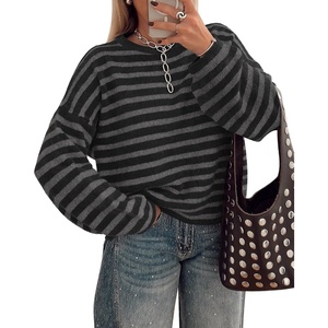 BTFBM Women’s Lightweight Oversized Striped Sweater | Soft Knit Cozy Sweaters, Crew Neck Long Sleeve Pullover, y2k Color Block, Casual Holiday Outfits, Winter Fall Clothes 2026(Black Grey)
