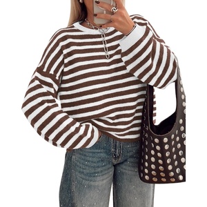 BTFBM Women’s Lightweight Oversized Striped Sweater | Soft Knit Cozy Sweaters, Crew Neck Long Sleeve Pullover, y2k Color Block, Casual Holiday Outfits, Winter Fall Clothes 2026(Brown White)
