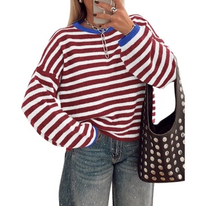 BTFBM Women’s Lightweight Oversized Striped Sweater | Soft Knit Cozy Sweaters, Crew Neck Long Sleeve Pullover, y2k Color Block, Casual Holiday Outfits, Winter Fall Clothes 2026(Burgundy White)