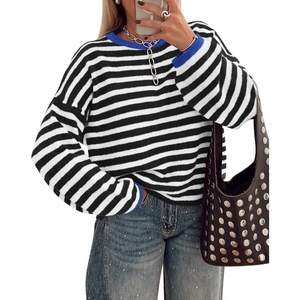 BTFBM Women’s Lightweight Oversized Striped Sweater | Soft Knit Cozy Sweaters, Crew Neck Long Sleeve Pullover, y2k Color Block, Casual Holiday Outfits, Winter Fall Clothes 2026(Black White)