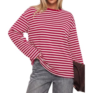 BTFBM Womens Long Sleeve Tops 2026 Fall Fashion | Lightweight, Crew Neck, Oversized Striped Shirt Women, Y2k Clothes, Vacation Travel Outfits, Going Out Top, Winter Layering(Red White)