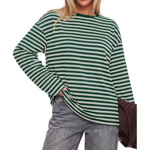 BTFBM Womens Long Sleeve Tops 2026 Fall Fashion | Lightweight, Crew Neck, Oversized Striped Shirt Women, Y2k Clothes, Vacation Travel Outfits, Going Out Top, Winter Layering(Green White)
