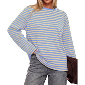 BTFBM Womens Long Sleeve Tops 2026 Fall Fashion | Lightweight, Crew Neck, Oversized Striped Shirt Women, Y2k Clothes, Vacation Travel Outfits, Going Out Top, Winter Layering(Light Blue Apricot)