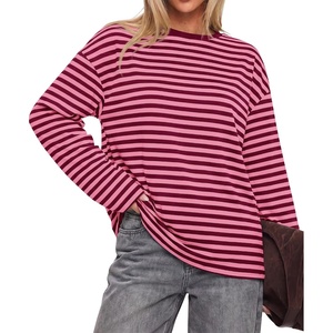 BTFBM Womens Long Sleeve Tops 2026 Fall Fashion | Lightweight, Crew Neck, Oversized Striped Shirt Women, Y2k Clothes, Vacation Travel Outfits, Going Out Top, Winter Layering(Pink Burgundy)