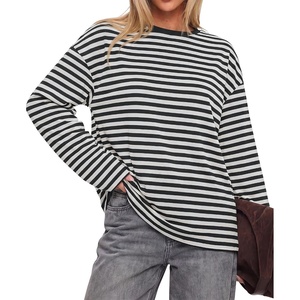 BTFBM Womens Long Sleeve Tops 2026 Fall Fashion | Lightweight, Crew Neck, Oversized Striped Shirt Women, Y2k Clothes, Vacation Travel Outfits, Going Out Top, Winter Layering(White Black)
