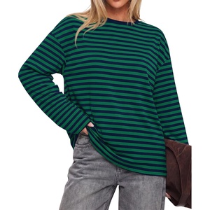 BTFBM Womens Long Sleeve Tops 2026 Fall Fashion | Lightweight, Crew Neck, Oversized Striped Shirt Women, Y2k Clothes, Vacation Travel Outfits, Going Out Top, Winter Layering(Navy Dark Green)