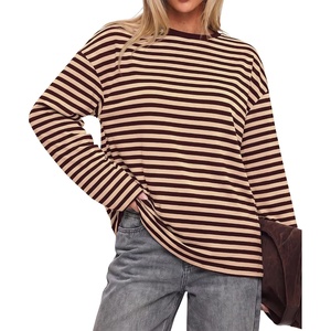 BTFBM Womens Long Sleeve Tops 2026 Fall Fashion | Lightweight, Crew Neck, Oversized Striped Shirt Women, Y2k Clothes, Vacation Travel Outfits, Going Out Top, Winter Layering(Brown Apricot)