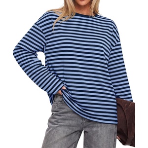 BTFBM Womens Long Sleeve Tops 2026 Fall Fashion | Lightweight, Crew Neck, Oversized Striped Shirt Women, Y2k Clothes, Vacation Travel Outfits, Going Out Top, Winter Layering(Light Blue Navy)