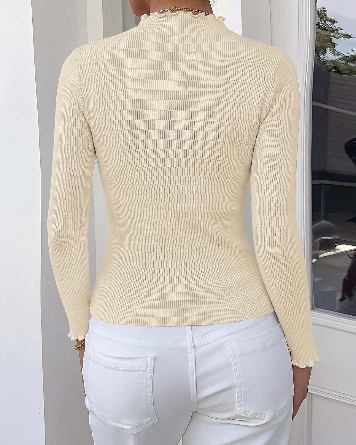 image:imageBTFBM Long Sleeve T Shirts for Women Ruffle Mock Neck Tops Lettuce Trim TopRibbed Knit Dressy BlouseSlim Fitted SweaterThermal Basic TeesBusiness Casual OutfitsFall Layer ClothingBeige