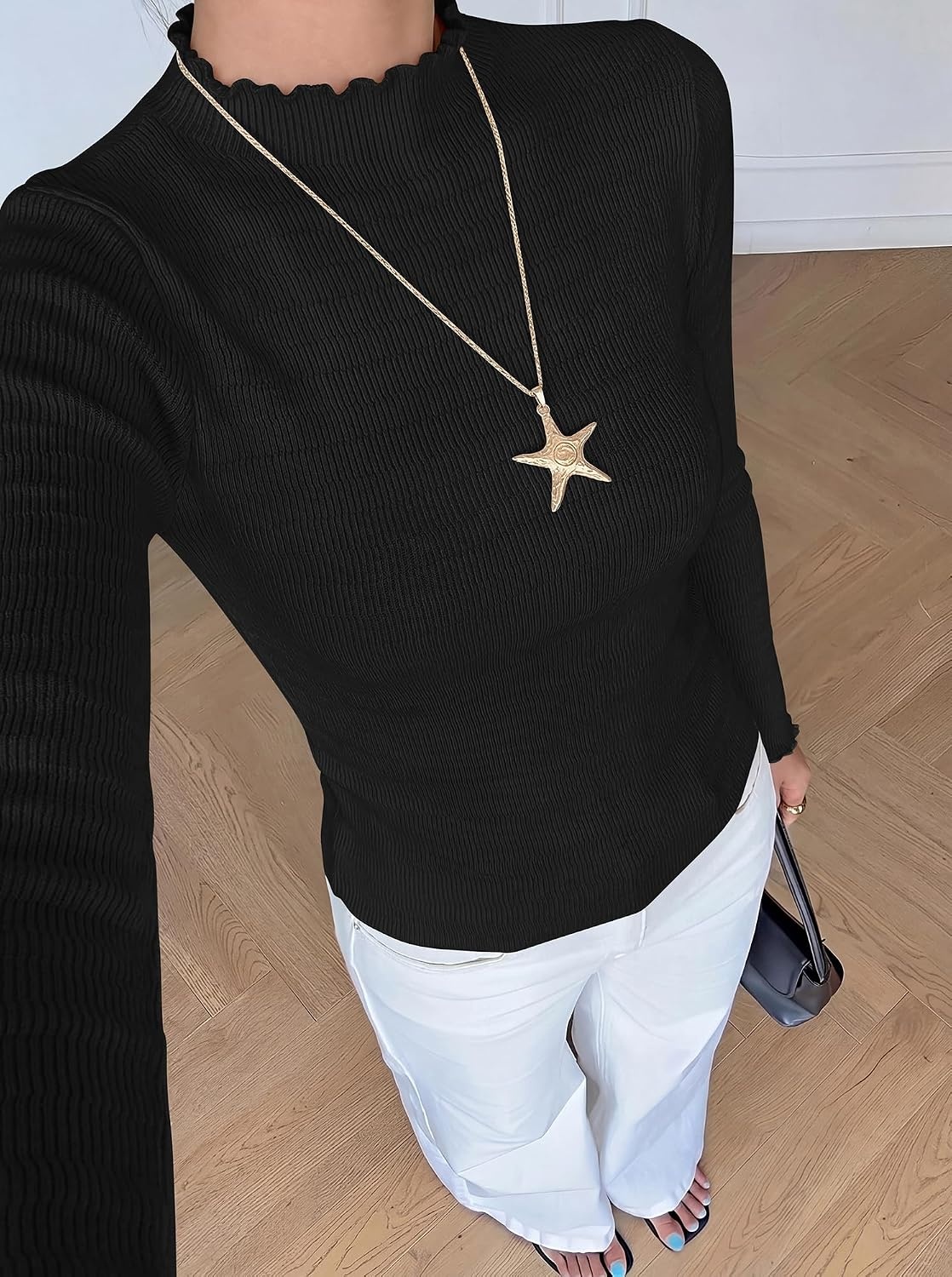 image:imageBTFBM Long Sleeve T Shirts for Women Ruffle Mock Neck Tops Lettuce Trim TopRibbed Knit Dressy BlouseSlim Fitted SweaterThermal Basic TeesBusiness Casual OutfitsFall Layer ClothingBlack