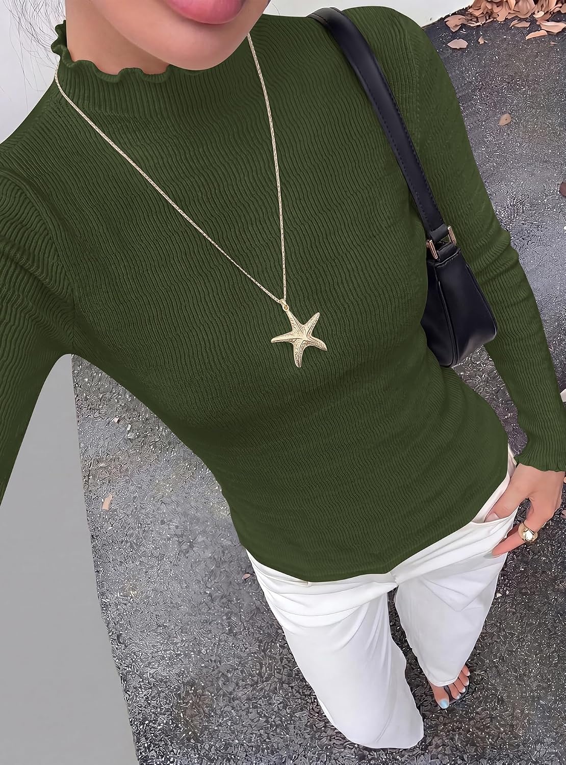 image:imageBTFBM Long Sleeve T Shirts for Women Ruffle Mock Neck Tops Lettuce Trim TopRibbed Knit Dressy BlouseSlim Fitted SweaterThermal Basic TeesBusiness Casual OutfitsFall Layer ClothingArmy Green