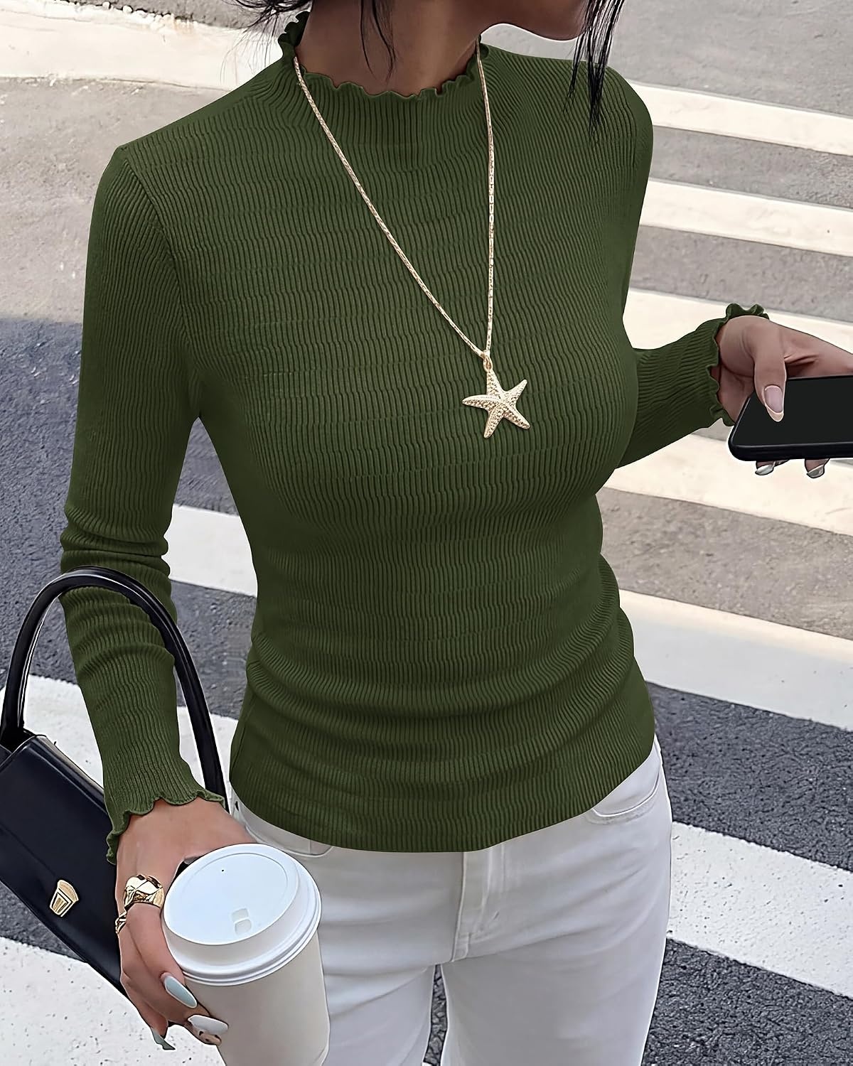 image:imageBTFBM Long Sleeve T Shirts for Women Ruffle Mock Neck Tops Lettuce Trim TopRibbed Knit Dressy BlouseSlim Fitted SweaterThermal Basic TeesBusiness Casual OutfitsFall Layer ClothingArmy Green