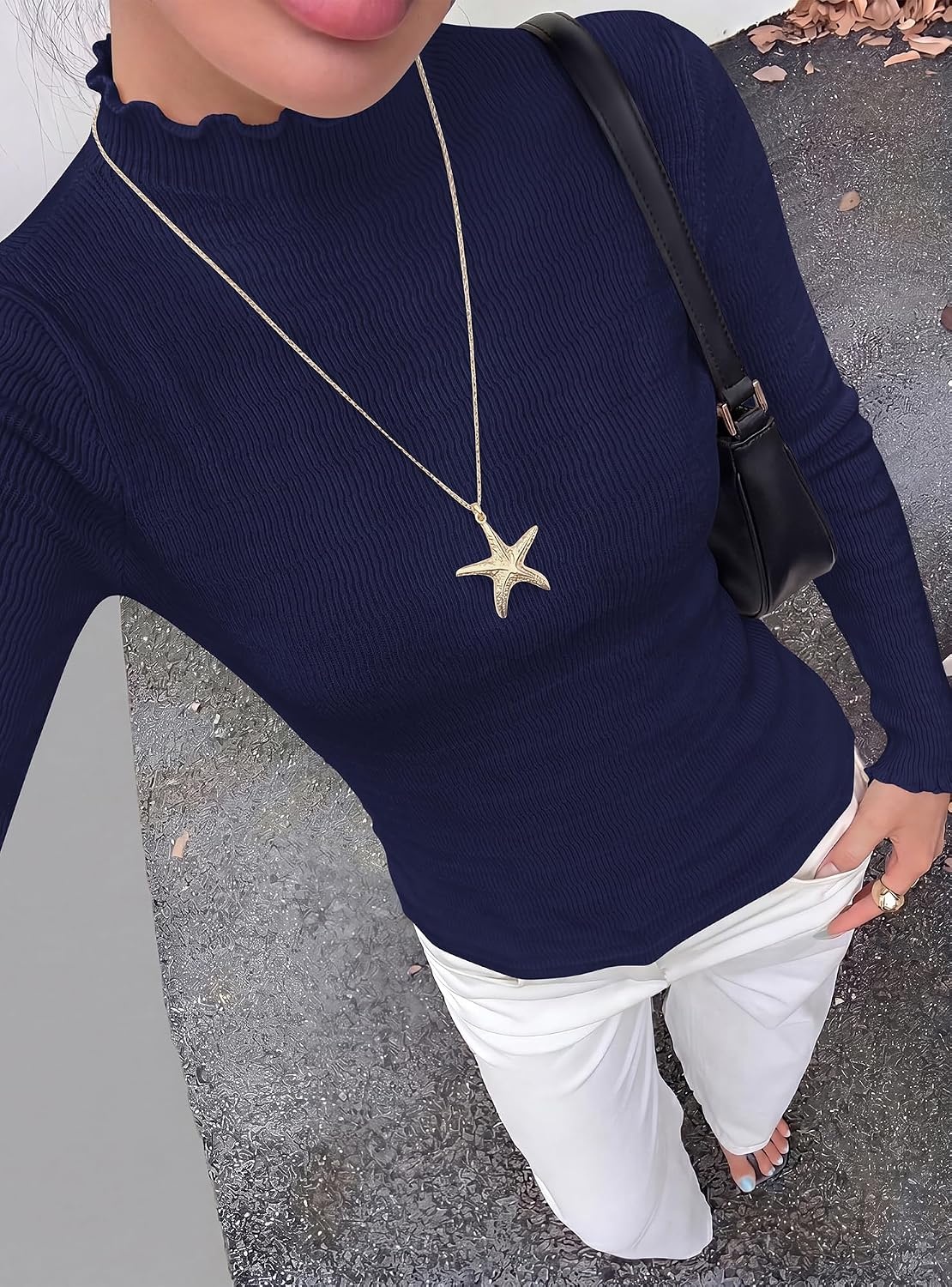 image:imageBTFBM Long Sleeve T Shirts for Women Ruffle Mock Neck Tops Lettuce Trim TopRibbed Knit Dressy BlouseSlim Fitted SweaterThermal Basic TeesBusiness Casual OutfitsFall Layer ClothingNavy Blue